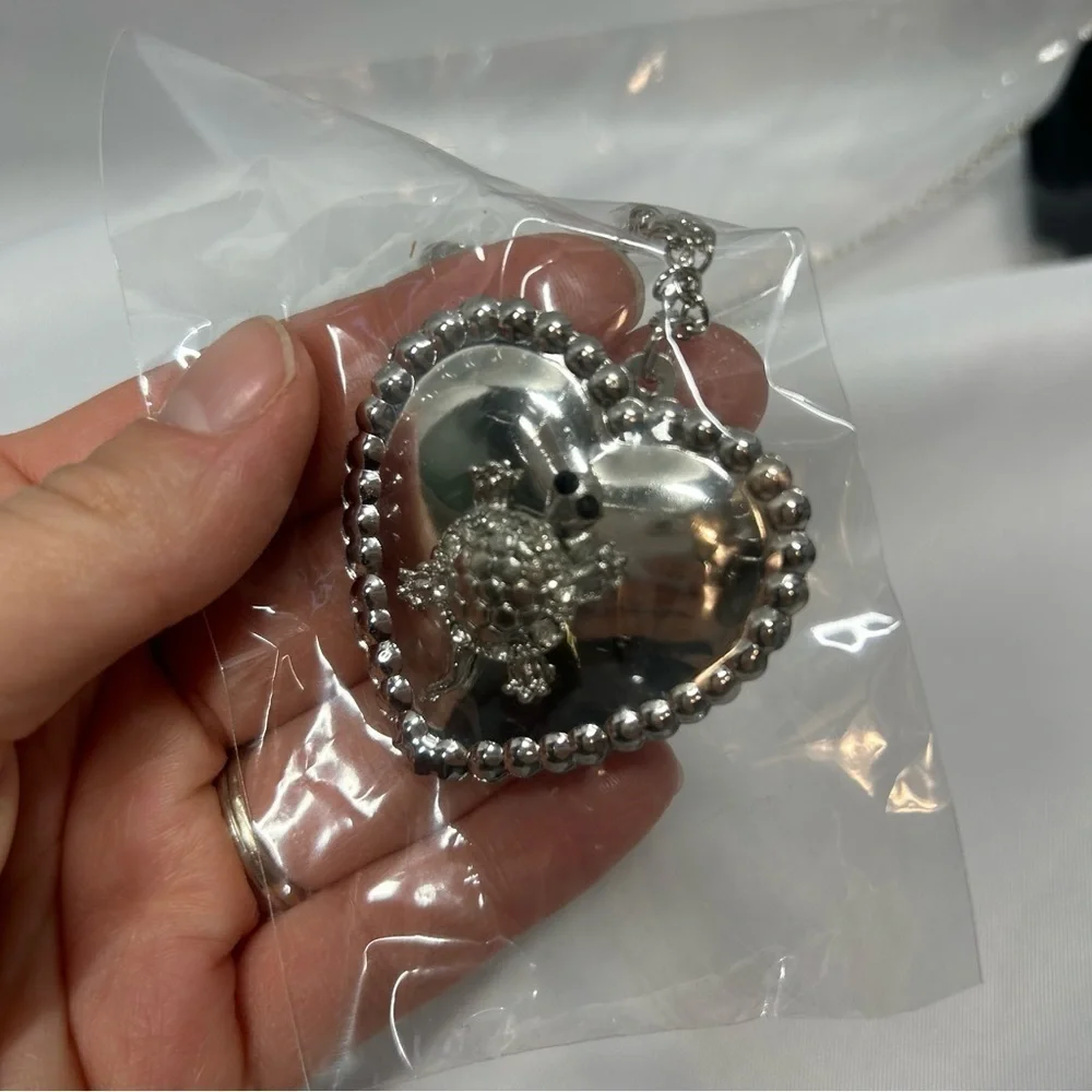 NWT Turtle Heart Necklace With Earrings Long Chain Silver Diamonds Jewelry